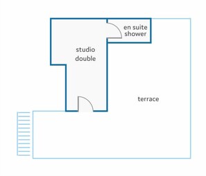 A floor plan with a studio double, en suite shower, and terrace. - Villa Reco by Villa Plus (Felanitx)