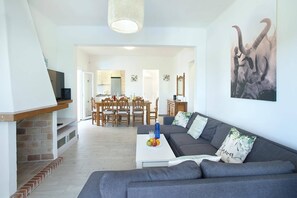 Un salon avec un canapé gris, une table basse et un téléviseur posé sur un meuble. On y trouve également un coin repas avec des chaises en bois et une table, ainsi qu’une cuisine à l’arrière-plan.
