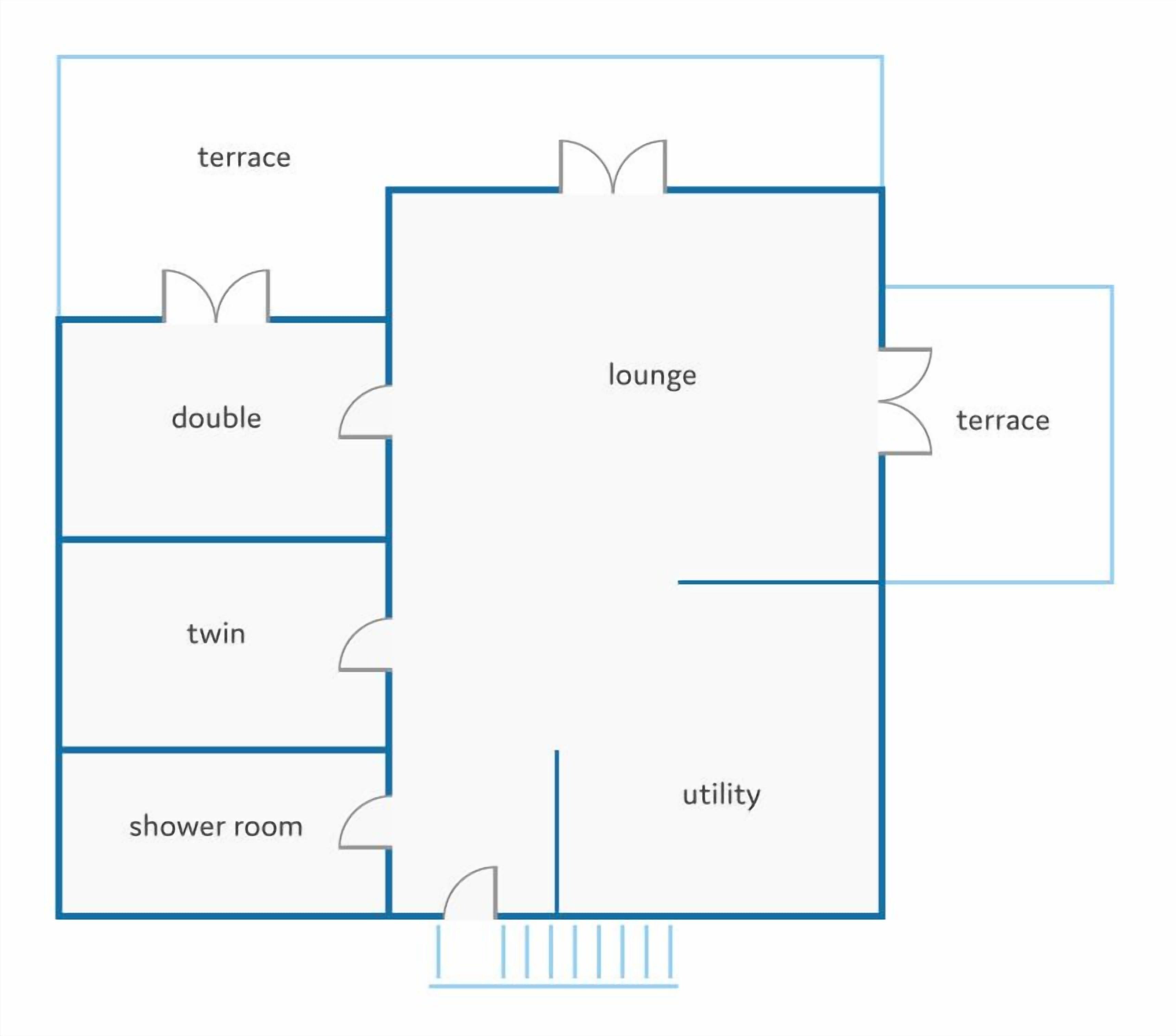 Ein Grundriss mit Terrasse, Wohnbereich, Doppelzimmer, Zweibettzimmer, Duschbad und Hauswirtschaftsraum.