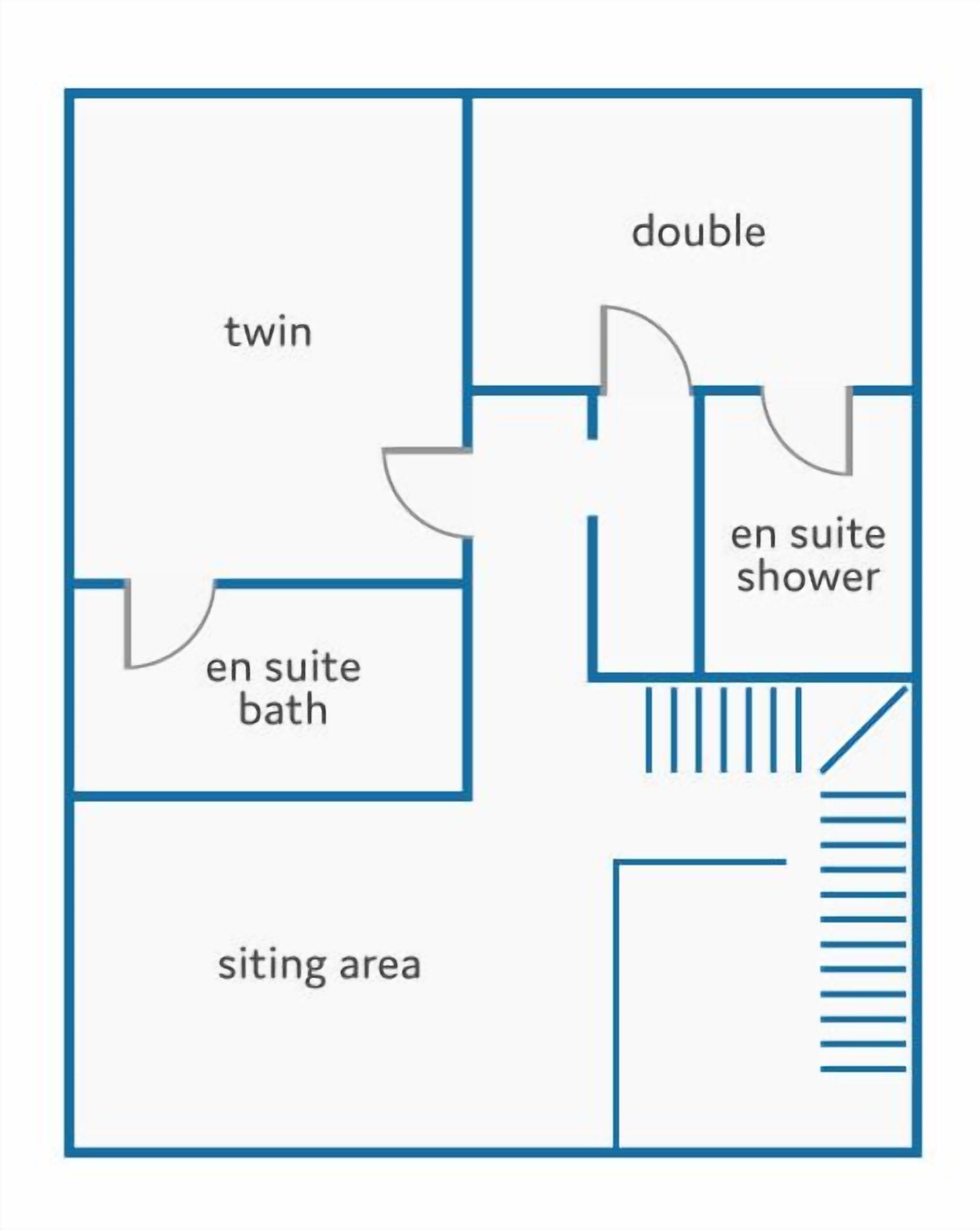 A floor plan with twin rooms, a double room, an en suite bathroom, and a sitting area.