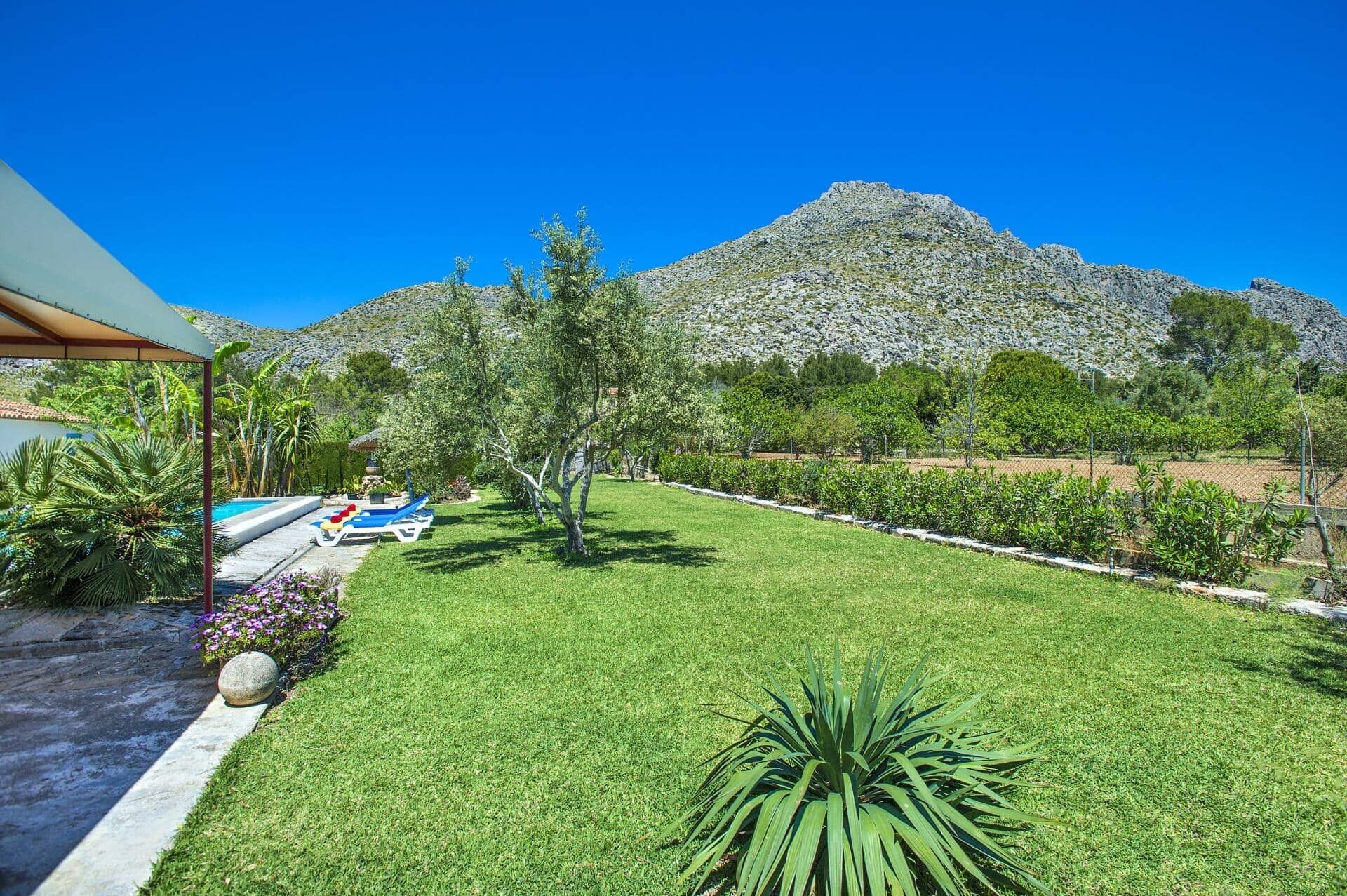 A well-maintained lawn with a swimming pool, a mountain in the background, and a clear blue sky.
