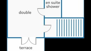 Ein Grundriss mit Doppelzimmer, Terrasse und eigenem Duschbad.