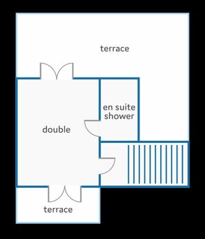 Un plan d’étage comprenant une chambre double, une terrasse et une salle de bain privative avec douche.