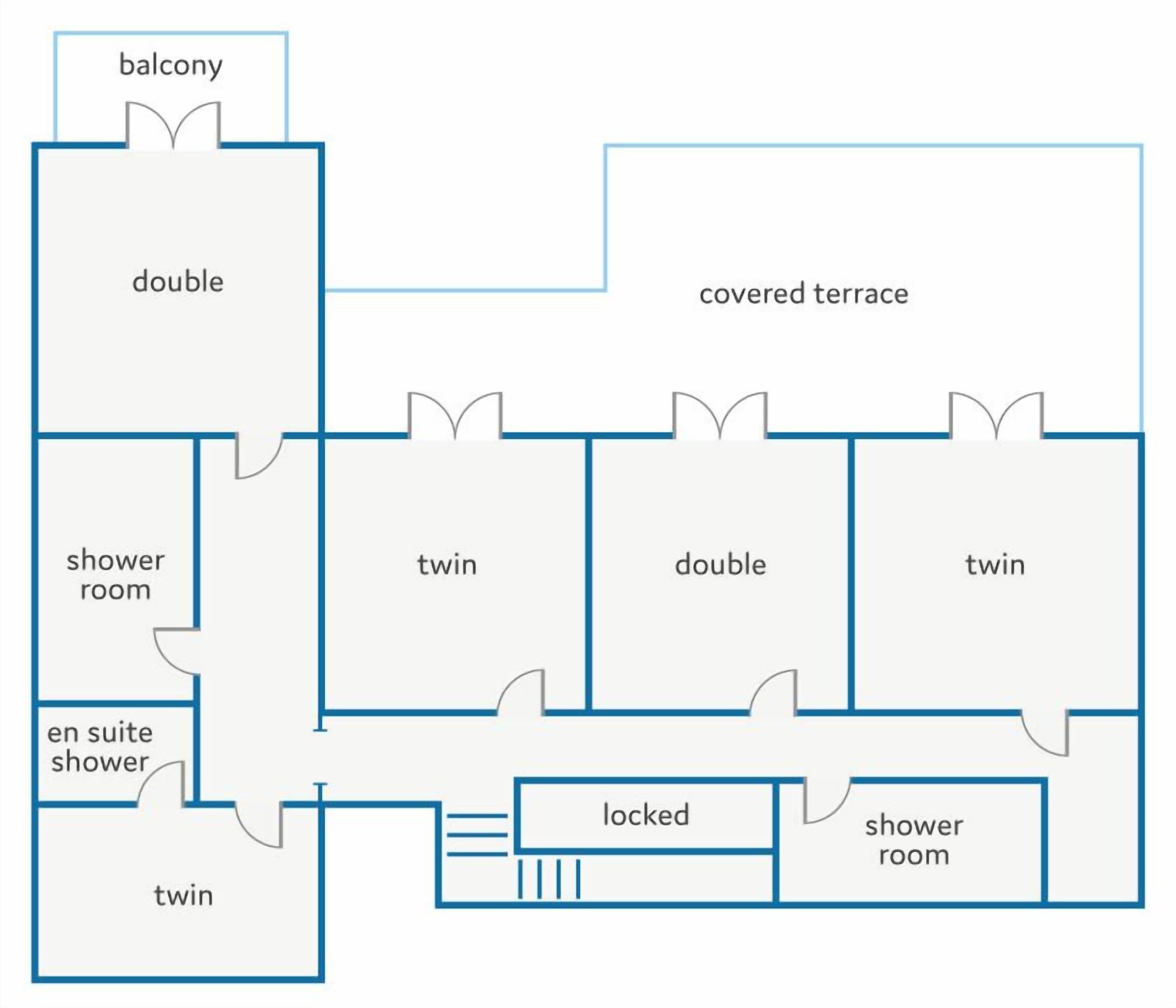 Un hôtel comprenant des chambres avec balcon, des chambres doubles, des chambres à deux lits, une salle de douche, un espace sécurisé et une salle de bain privative avec douche.