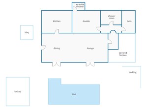 Un hôtel comprenant une cuisine, une salle à manger, un salon, une chambre double, une chambre avec deux lits simples, une salle de bain privative avec douche, une terrasse couverte, un parking et une piscine.