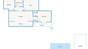 A floor plan with a dining area, lounge, kitchen, balcony, and a pool. - Villa Vidrier II by Villa Plus (El Vilà)