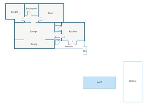 A floor plan with a dining area, lounge, kitchen, balcony, and a pool. - Villa Vidrier II by Villa Plus (El Vilà)