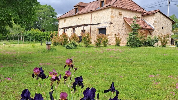 Ein Haus aus Stein mit Ziegeldach, umgeben von einer grünen Rasenfläche und blühenden Pflanzen.
