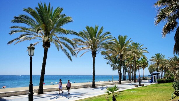 A coastal promenade with palm trees, a beach, and a small pavilion. - Villa Ramos by Villa Plus (Atalaya Isdabe)
