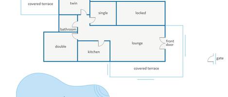 A floor plan of a hotel with a covered terrace, single and double rooms, a kitchen, a bathroom, a lounge, a driveway, a front door, and a pool.