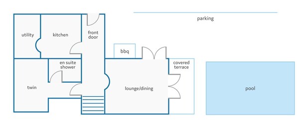 A floor plan with a utility room, kitchen, front door, twin room, en suite shower, lounge/dining area, covered terrace, and a pool.