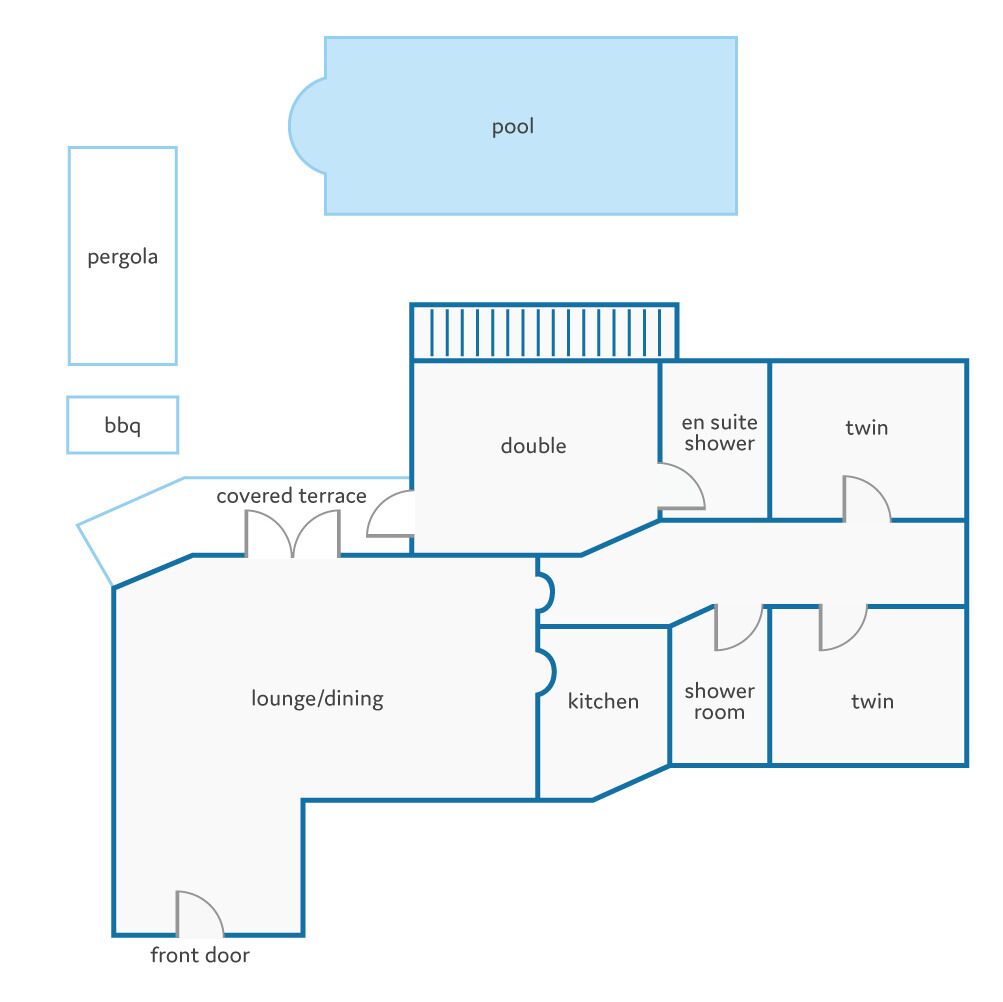 A floor plan with a pool, covered terrace, lounge/dining area, kitchen, shower room, and en suite shower.