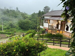 Une maison avec un toit en métal, entourée d’une végétation luxuriante et d’une clôture en bois.