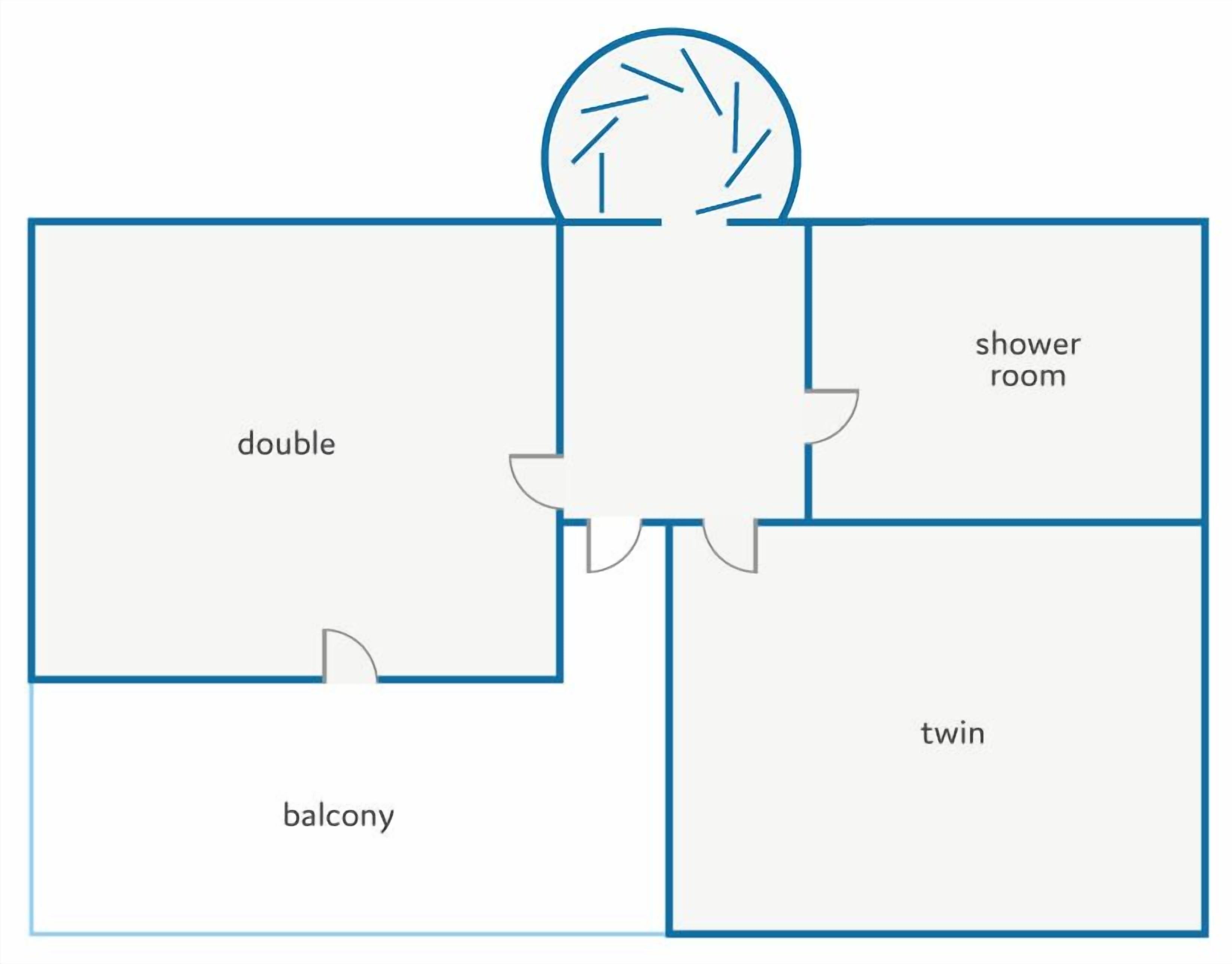 A floor plan with a shower room, balcony, and two rooms labeled as 'double' and 'twin'.