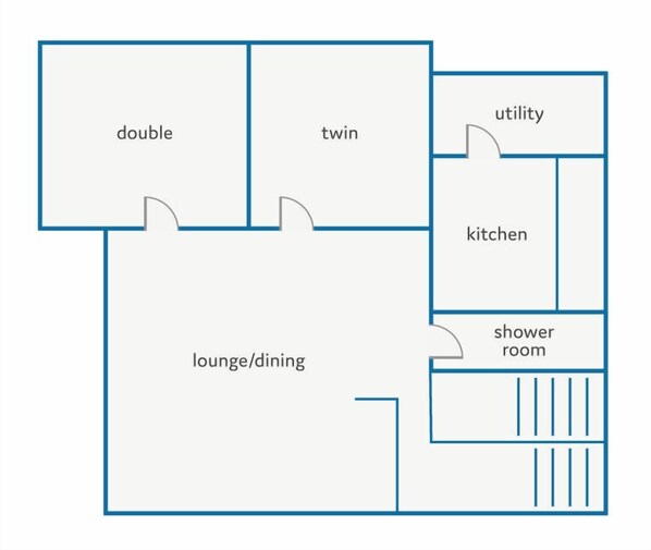 A floor plan with a double room, twin room, lounge/dining area, utility room, kitchen, and shower room.