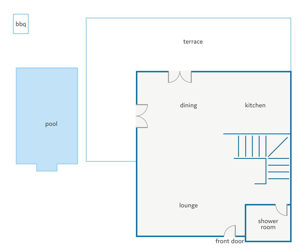 A floor plan with a pool, terrace, dining, kitchen, lounge, shower room, and front door.