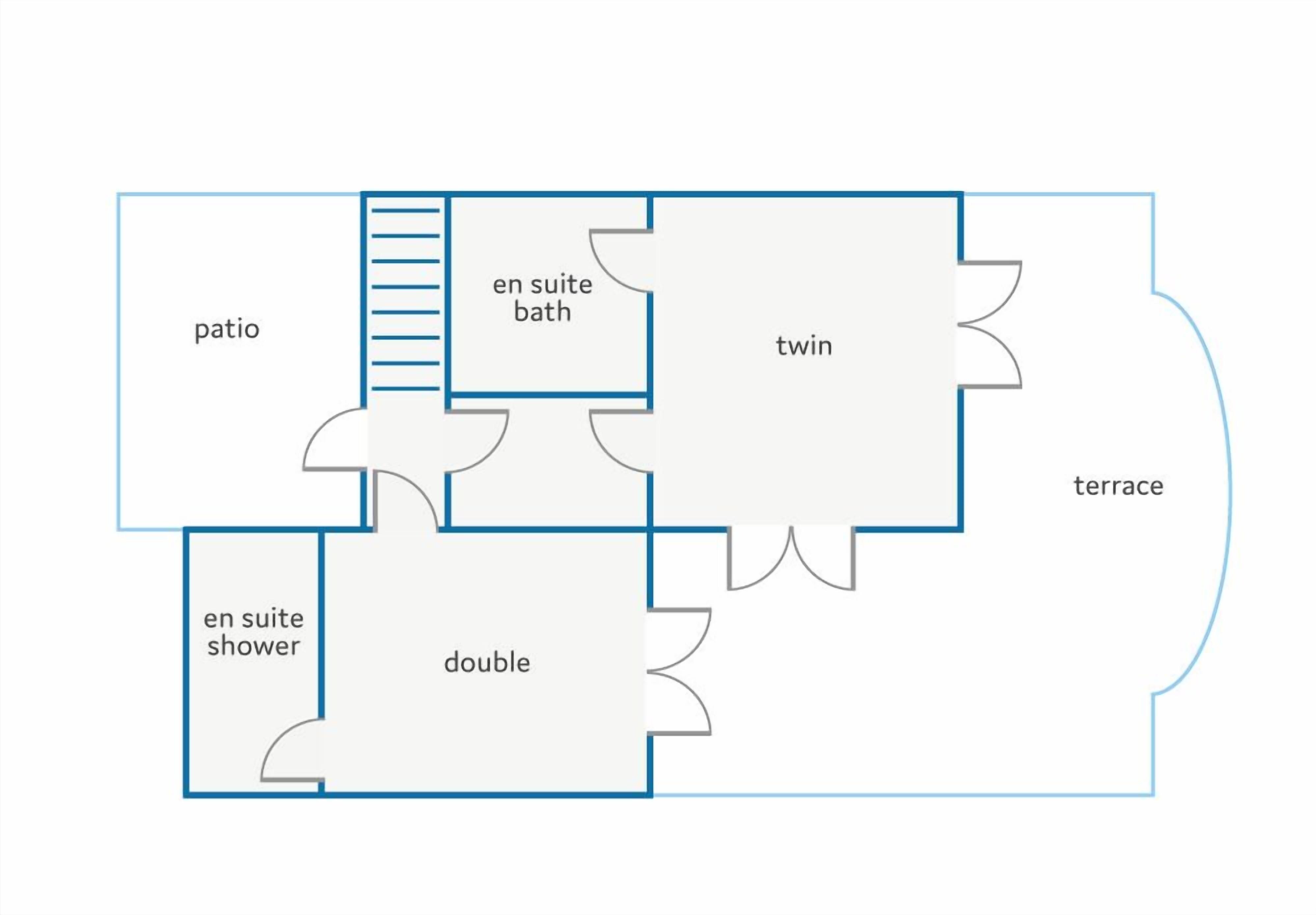 A floor plan with a patio, en suite shower, double room, twin room, en suite bath, and terrace.
