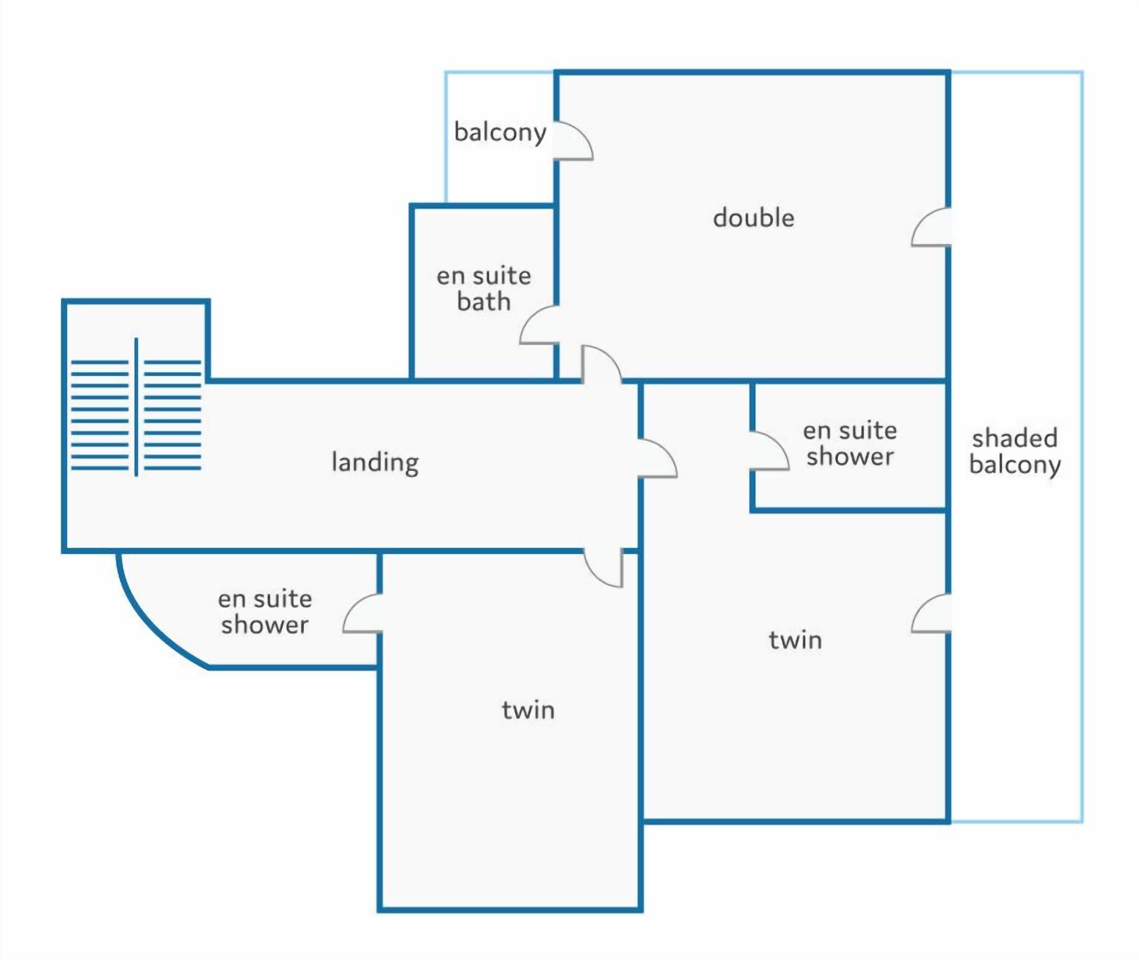 Un hôtel comprenant un palier, un balcon, une chambre double, une salle de bain privative, une douche privative, des chambres à deux lits et un balcon ombragé.