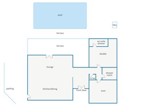 Grundriss mit Pool, Terrasse, Lounge, Küche/Essbereich, Doppelzimmern, Duschraum, Abstellraum, Eingangstür und Parkplatz.