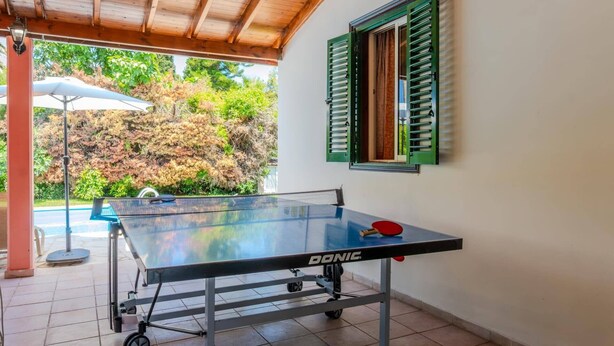 Uma mesa de ping pong com rodinhas, uma janela com persianas verdes e vista para o verde lá fora.