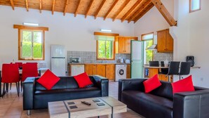 Uma sala de estar ampla com um sofá, uma mesa de centro e uma cozinha equipada com máquina de lavar e micro-ondas.