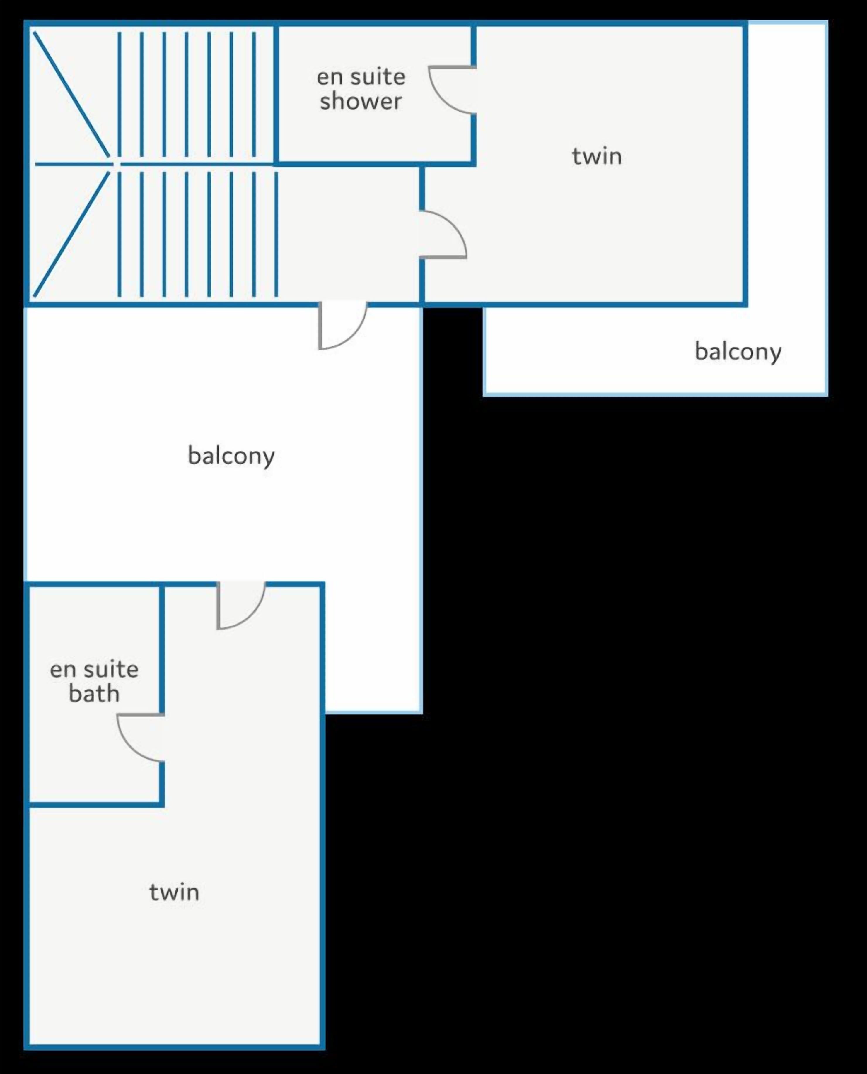 Un hôtel proposant des chambres à deux lits, un balcon, une douche privative et une salle de bain privative.
