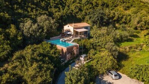A villa with a swimming pool surrounded by dense forest, a stone pathway, and a parked car.
