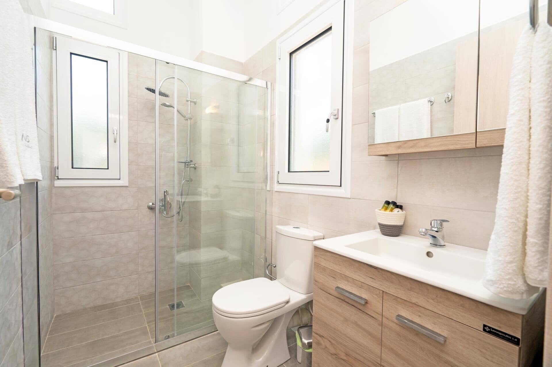 A modern bathroom with a glass-enclosed shower, a toilet, and a vanity with a mirror and cabinet.