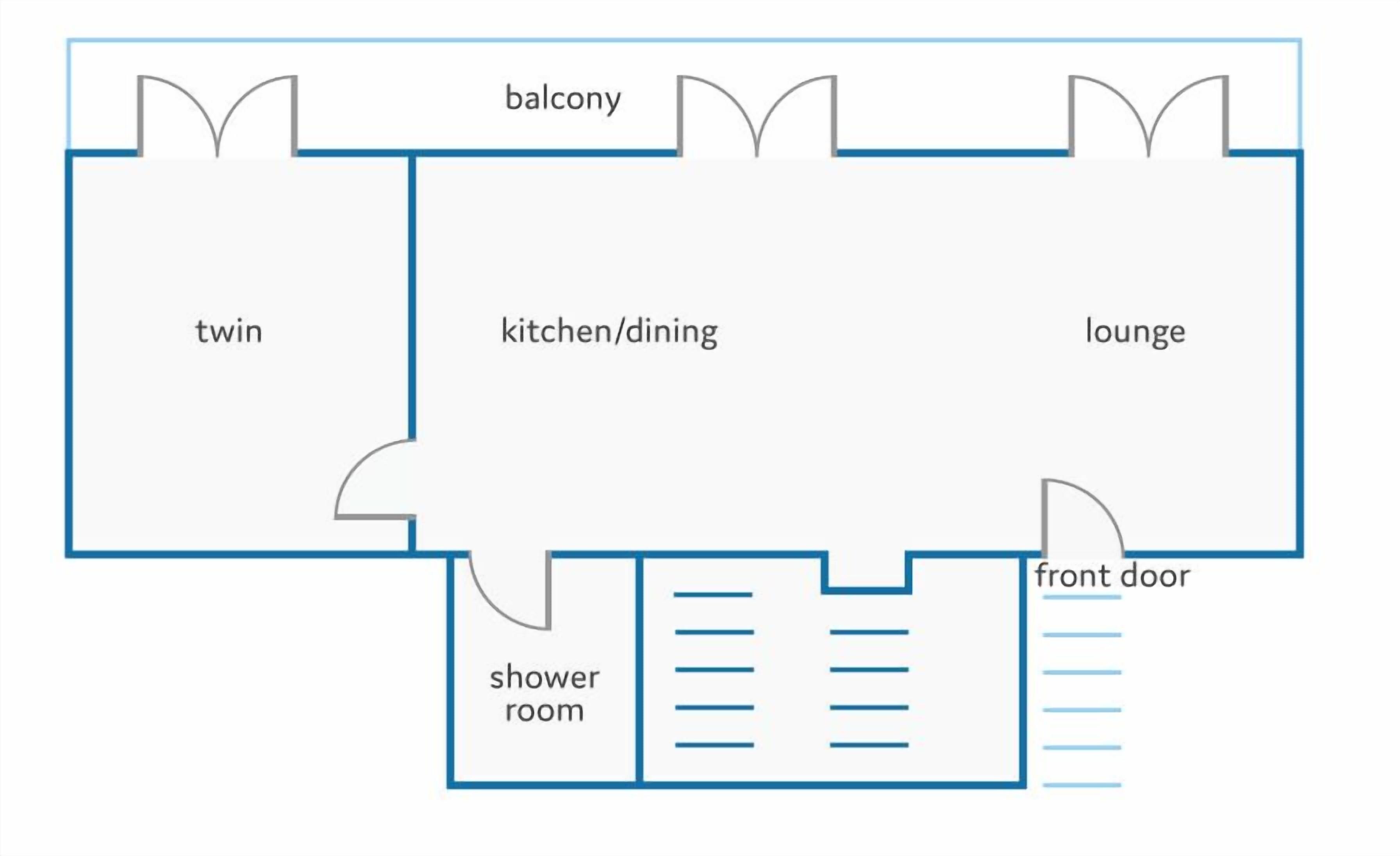 A floor plan with a balcony, twin rooms, a kitchen/dining area, a lounge, a shower room, and a front door.