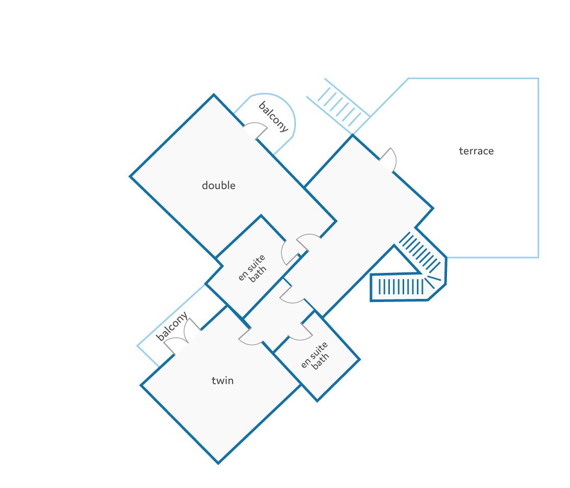 Ein Grundriss mit Doppelzimmer, Zweibettzimmer, eigenem Bad, Balkon und Terrasse.