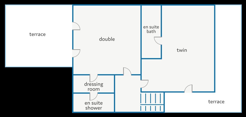 A floor plan with a terrace, double room, twin room, dressing room, and en suite shower.