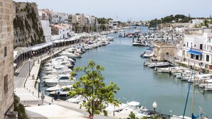 Una marina con numerosos barcos amarrados a lo largo de un paseo marítimo.