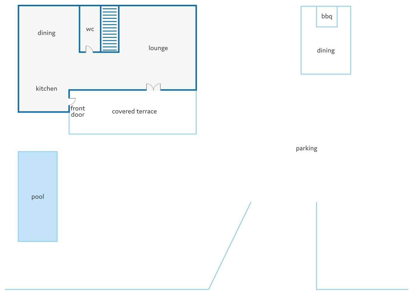 A floor plan with a dining area, lounge, kitchen, covered terrace, pool, and parking.