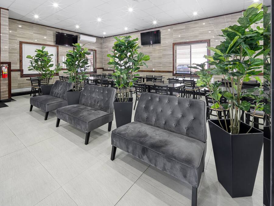 A modern hotel lobby with grey sofas, black chairs, and large potted plants.