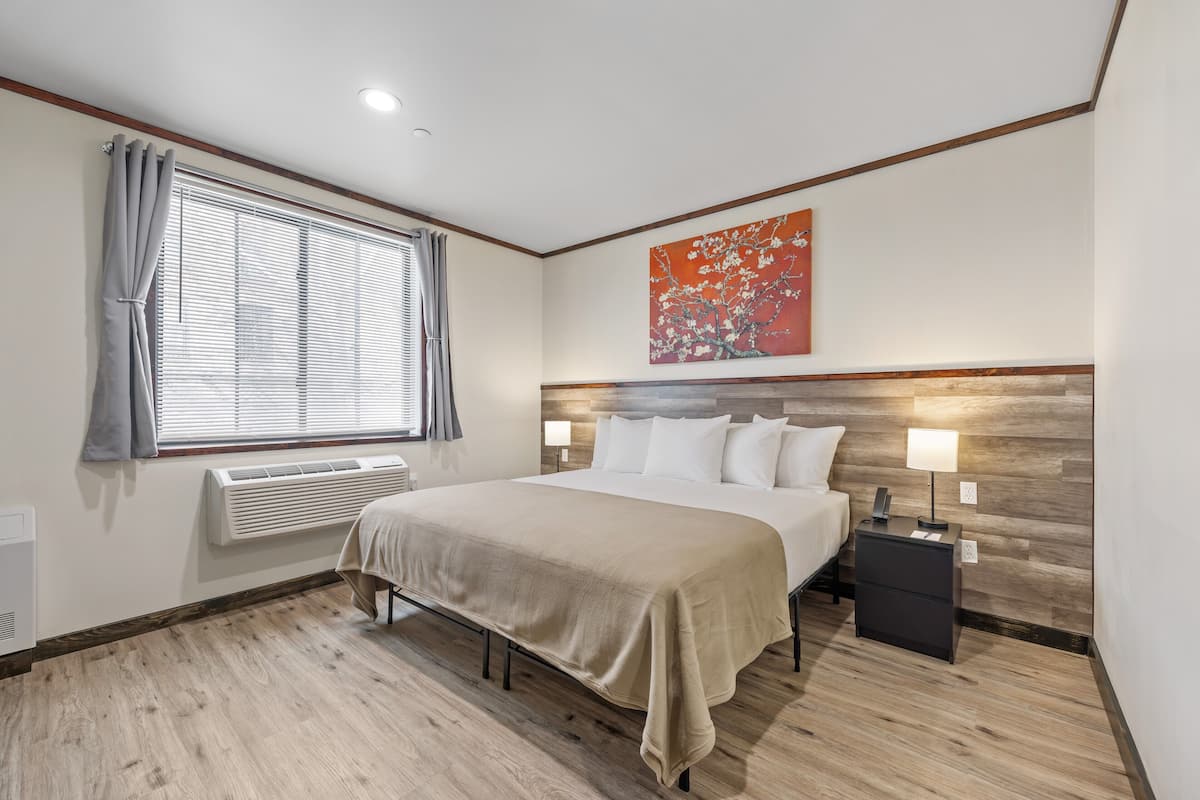 خزنة داخل الغرفة ومكتب ومساحة عمل للكمبيوتر المحمول وستائر تعتيم