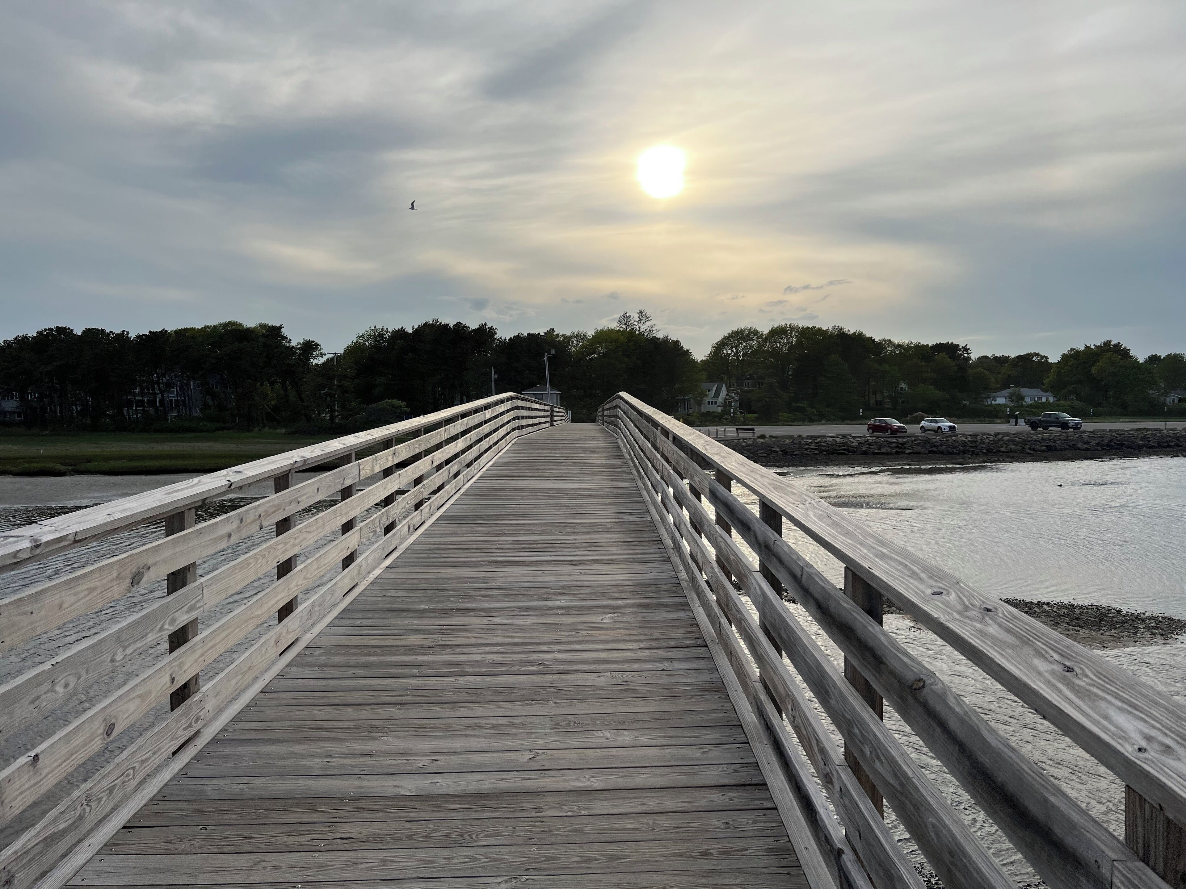 A wooden pier extending into a body of water with a sunset in the background.