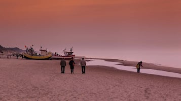 A beach with a boat and people.