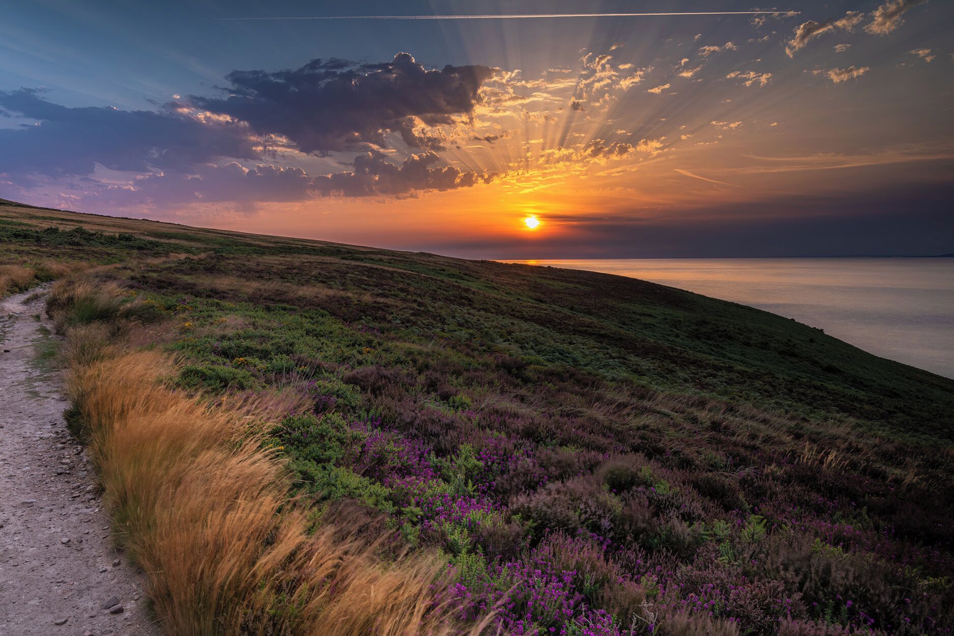 Un coucher de soleil sur une colline herbeuse, avec un sentier qui y mène.