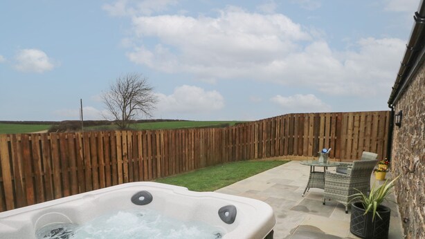 A hot tub in a backyard with a wooden fence, a table with chairs, and a potted plant.