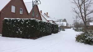 Una calle residencial cubierta de nieve con casas, un seto y un árbol sin hojas.