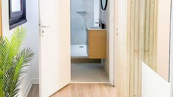 Ducha, secador de pelo, toallas, jabón