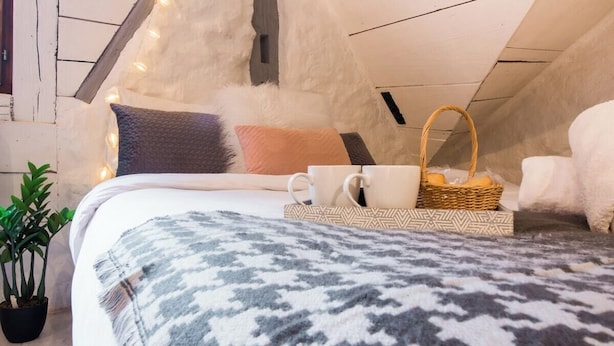 Un dormitorio acogedor con cama, almohadas, una manta, una cesta con objetos y una planta.