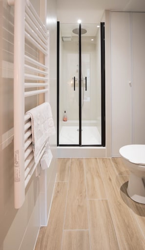 Shower, hair dryer, towels, soap