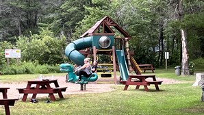 A playground with a slide, swings, and picnic tables.