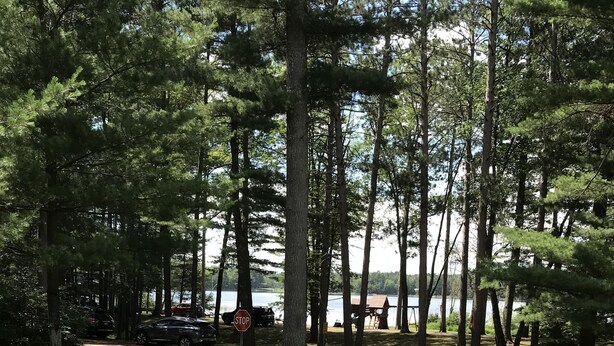 A wooden deck with a stop sign and a view of a lake surrounded by trees.