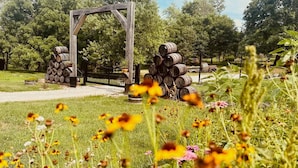 En rustik utomhusmiljö med en träpergola, staplade tunnor på marken och ett stort utbud av vilda blommor.