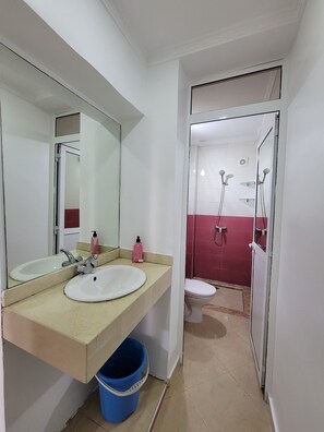 Hair dryer, towels, soap, shampoo