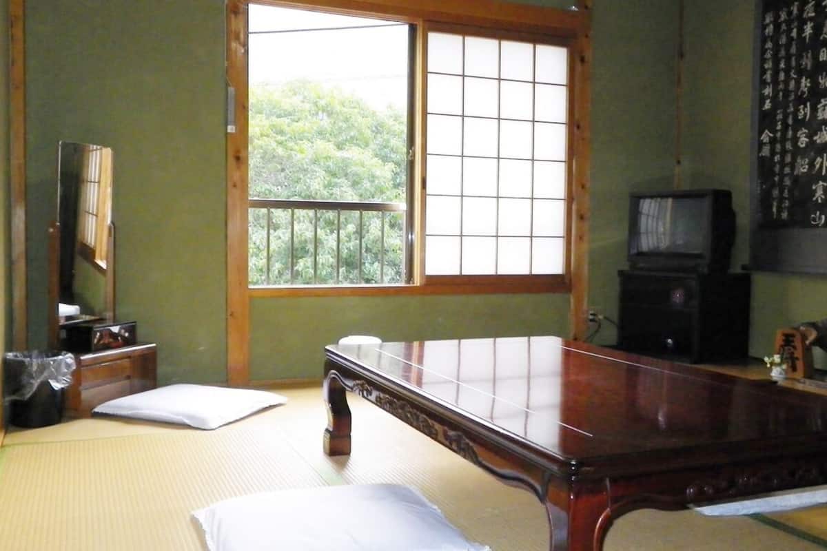 A traditional Japanese room with tatami flooring, a low wooden table, a television, and a sliding door with a view of greenery.