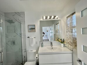 Shower, hair dryer, towels, toilet paper