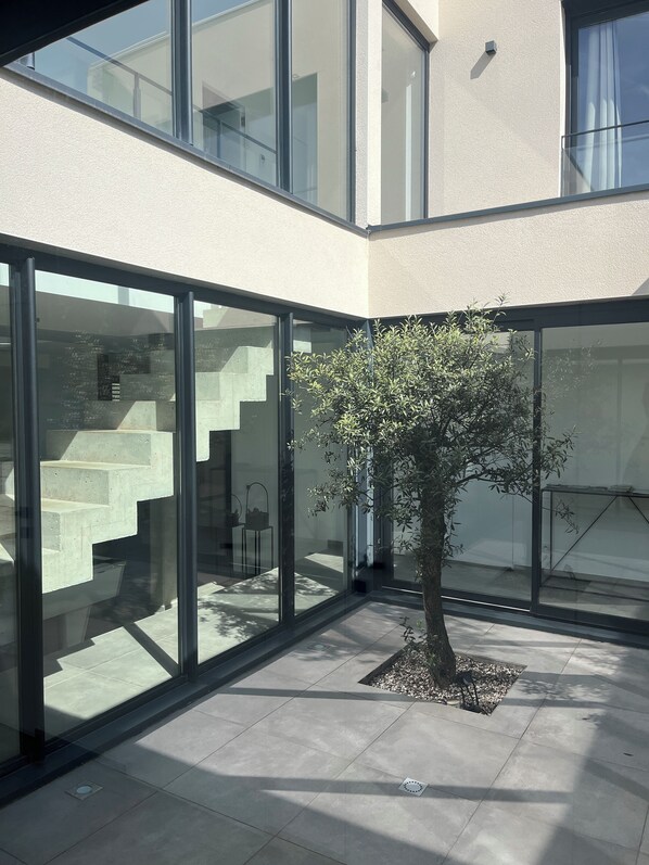 A modern building with large glass windows, a tree in the center, and a staircase leading to an upper level.
